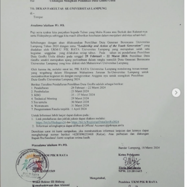 Undangan Mengikuti Pemilihan Duta GenRe (Generasi Berencana) Unila