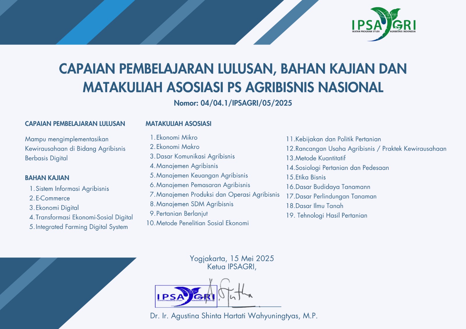 IPSAGRI Terbitkan Capaian Pembelajaran Lulusan dan Matakuliah Asosiasi PS Agribisnis Nasional